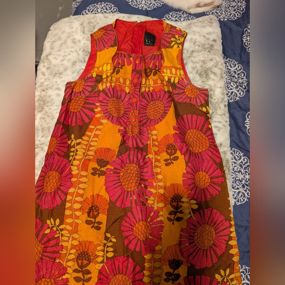 Anna Sui Retro Floral Shift Dress in Orange, Pink, Brown